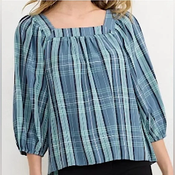 LC Lauren Conrad Teal Green Plaid Square Neck Balloon Sleeves Peasant Top Size M - Picture 15 of 15